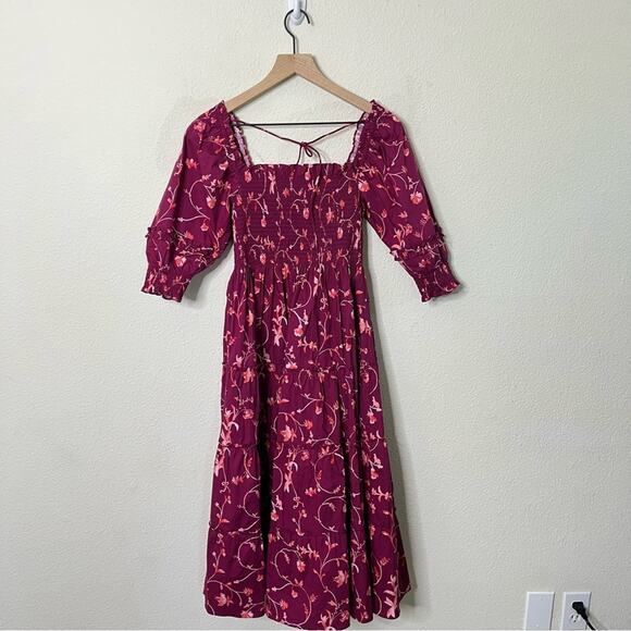 Hill House The Nesli Nap Smocked Dress Burgundy Botanical Floral Womens Size XS - Picture 5 of 9